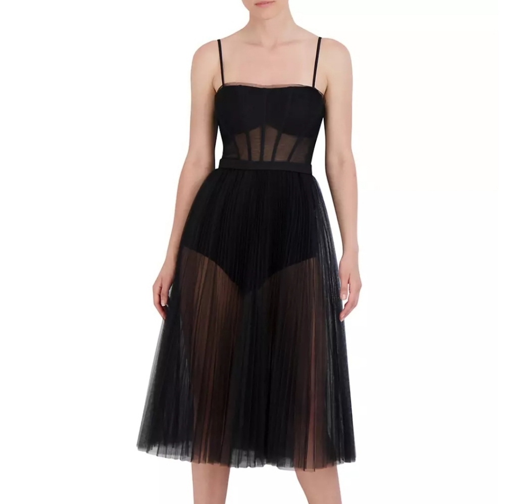 BCBGMAXAZRIA Sheer Corset Knee Length Dress